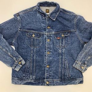 Vintage Lee Jacket Mens XL Tall Blue Denim Trucker Acid Dark Wash Button Up